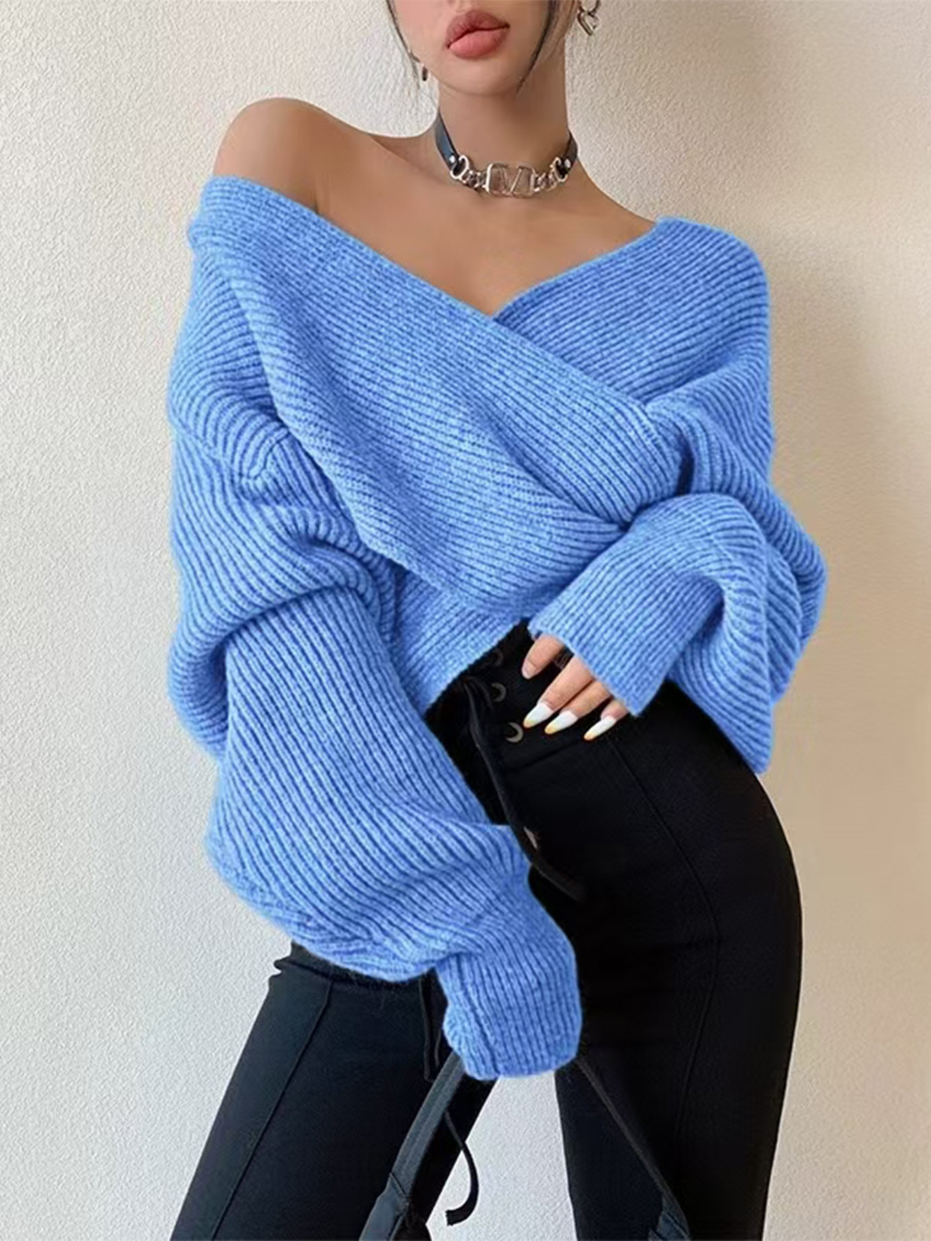 European and American cross-border autumn and winter off-shoulder crossover irregular sweater women's new loose short base knitwear - Image 9