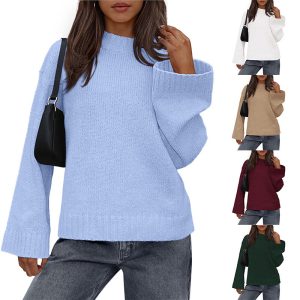 2025 Amazon Foreign Trade Autumn and Winter New Arrival Casual Round Neck Loose Solid Color Long Sleeve Trumpet Sleeve Knitted Sweater Women's Clothing