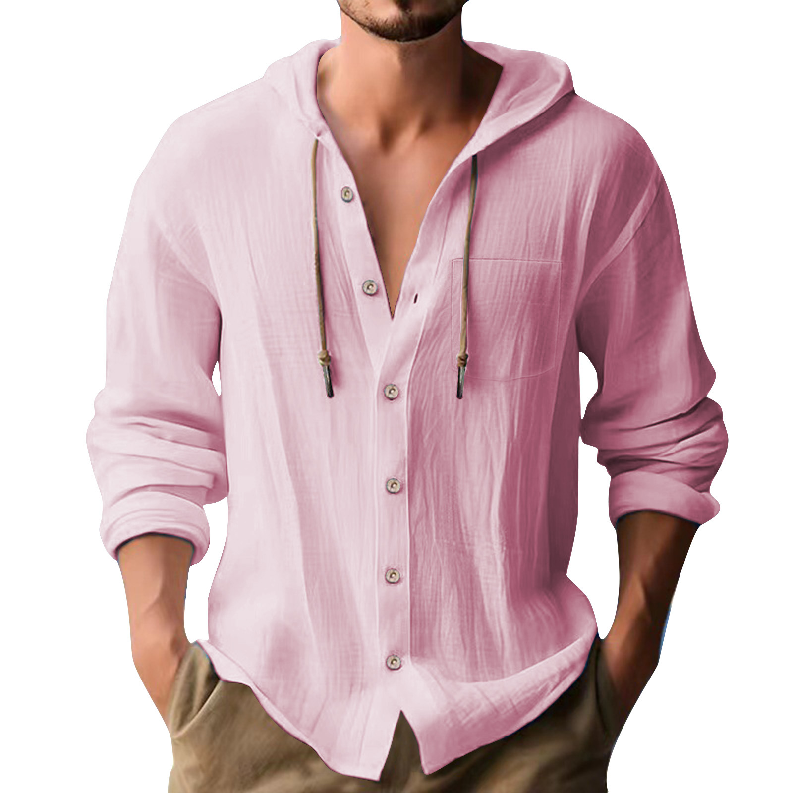 Cross-border European and American 2025 New Hot Selling Sports Trendy Hooded T-shirt Solid Color Cotton Linen Casual Long Sleeve Men's Shirt - Image 10