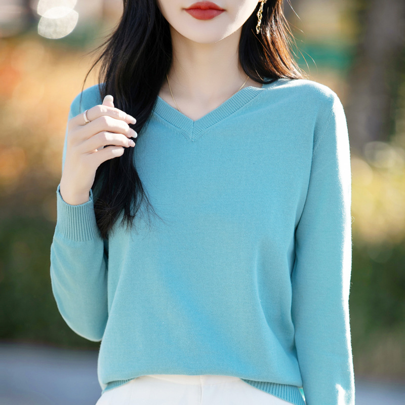 100% Cotton Spring New V-Neck Knitted Long-Sleeved Soft Loose Pullover Simple Solid Color Stylish Base Layer Women's Clothing - Image 9