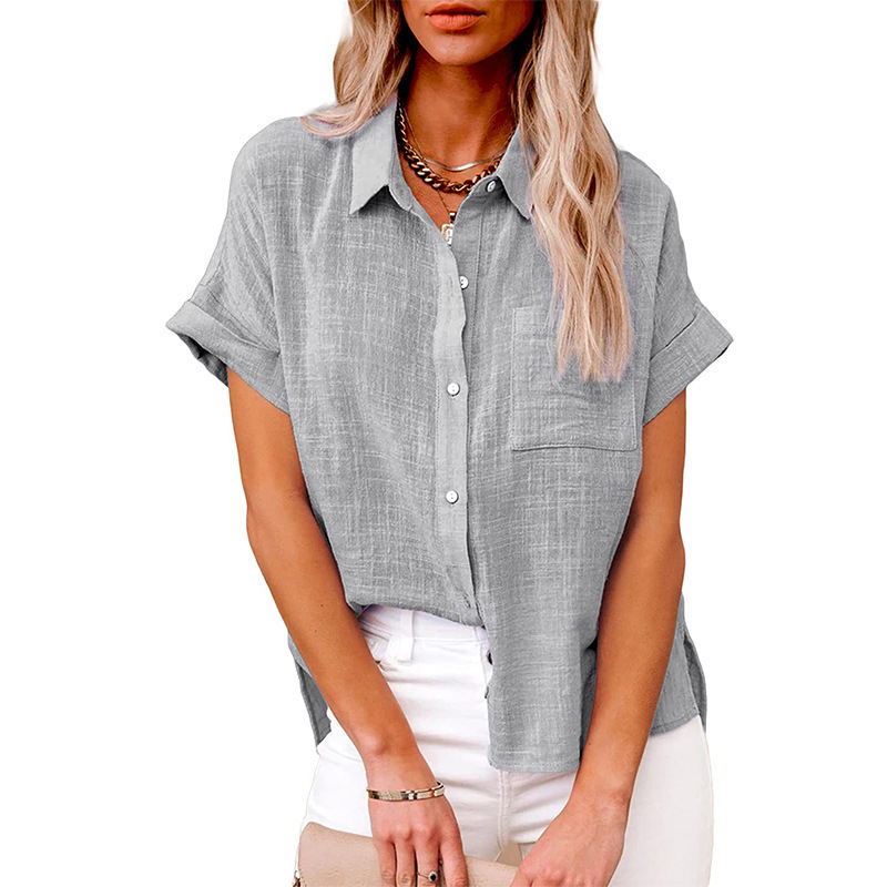 Amazon wish2022 summer new European and American cross-border women's solid color linen shirt short-sleeved casual loose shirt - Image 6