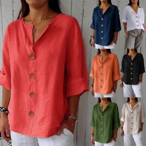 Amazon 2025 Cross-border European and American Summer New Style Foreign Trade Loose-fitting V-neck Cotton Linen Button T-shirt Top