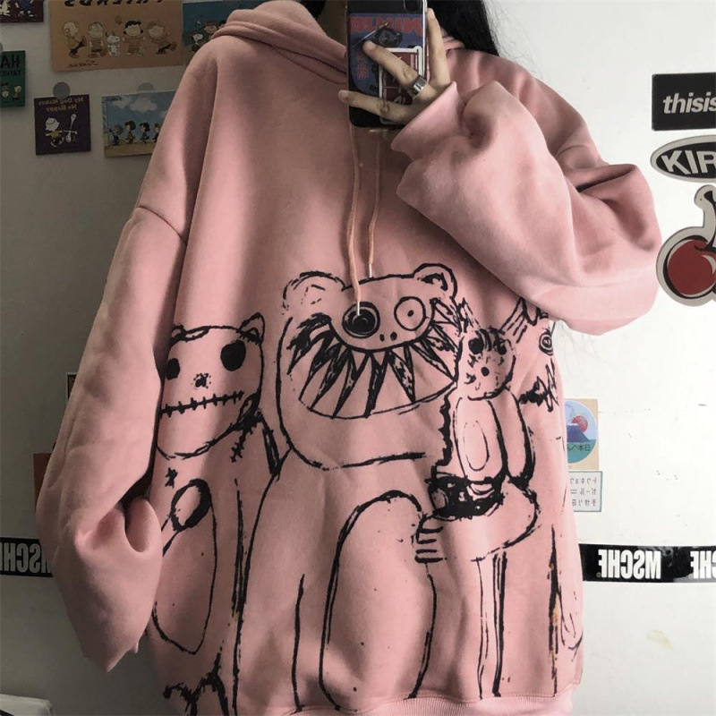 2021 Autumn and Winter Trend ins Harajuku Pink Girl Cartoon Anime Print Loose Plush Hooded Sweatshirt Women - Image 19