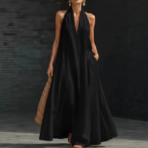 Women's Casual Solid-Color V-Neck Dress