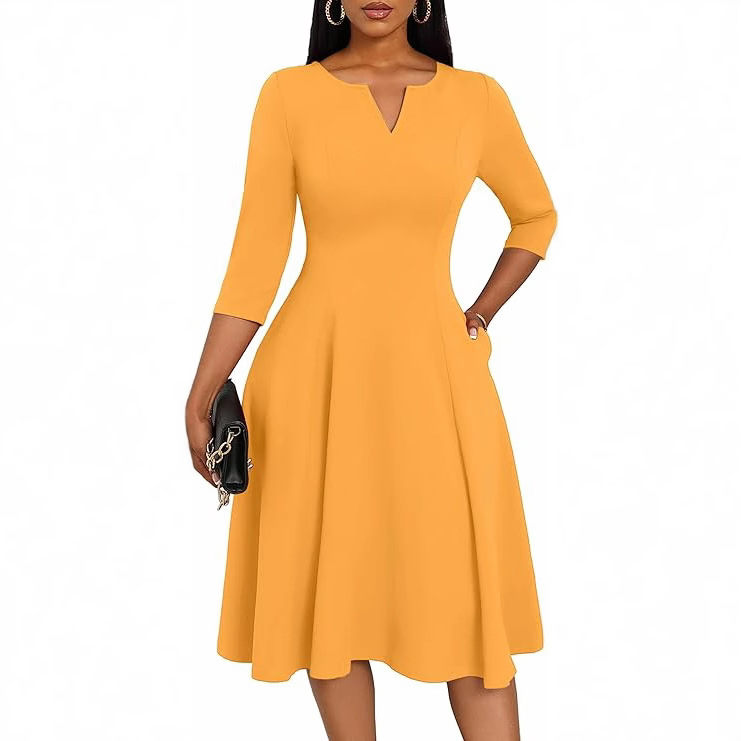 Amazon Midi Dress, Fitted Flare Dress, Three-Quarter Sleeve Wedding Guest Dress - Image 5
