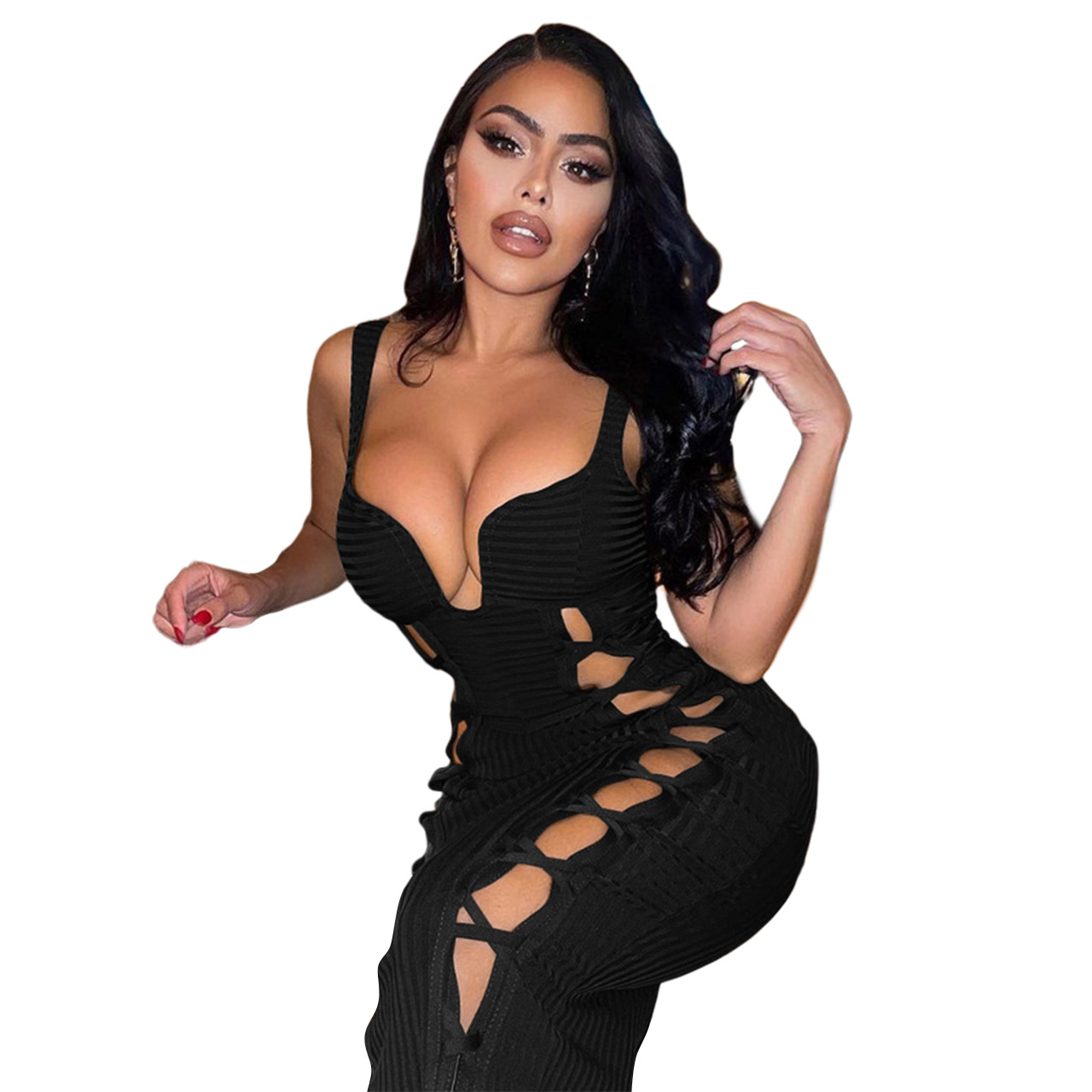 Q22S8068 European and American women's clothing Amazon 22 spring new solid color thread hollow out nightclub sexy dress - Image 2