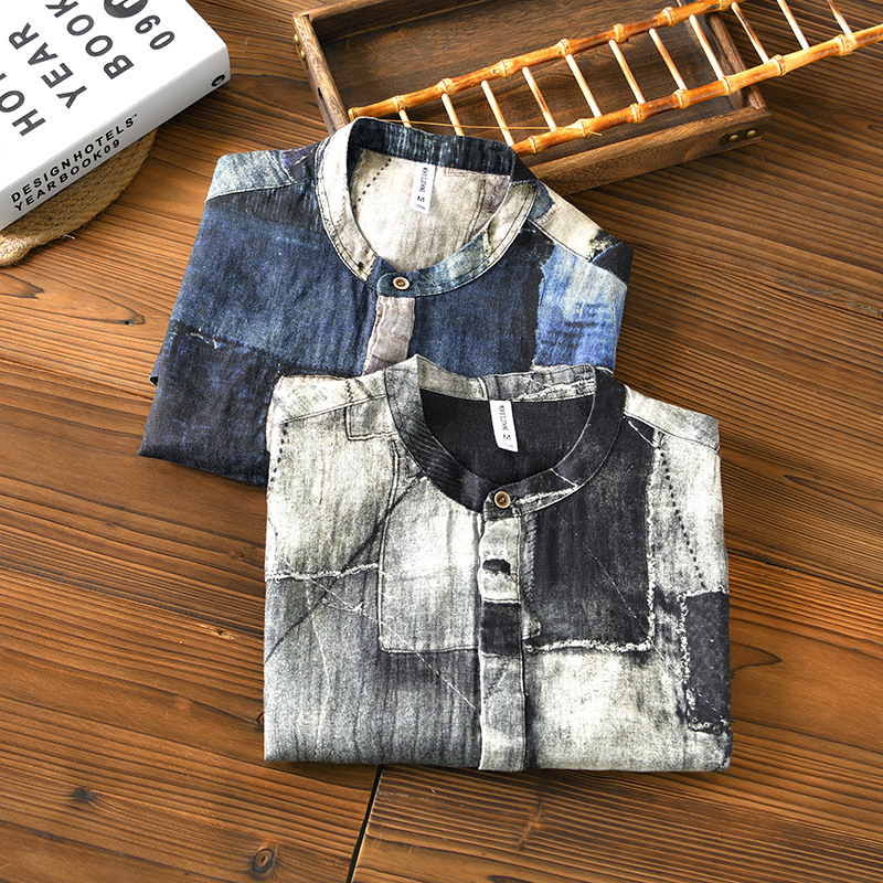Chinese style linen short-sleeved shirt men's summer five-quarter sleeve top T-shirt stand collar loose pullover half-sleeved shirt - Image 2