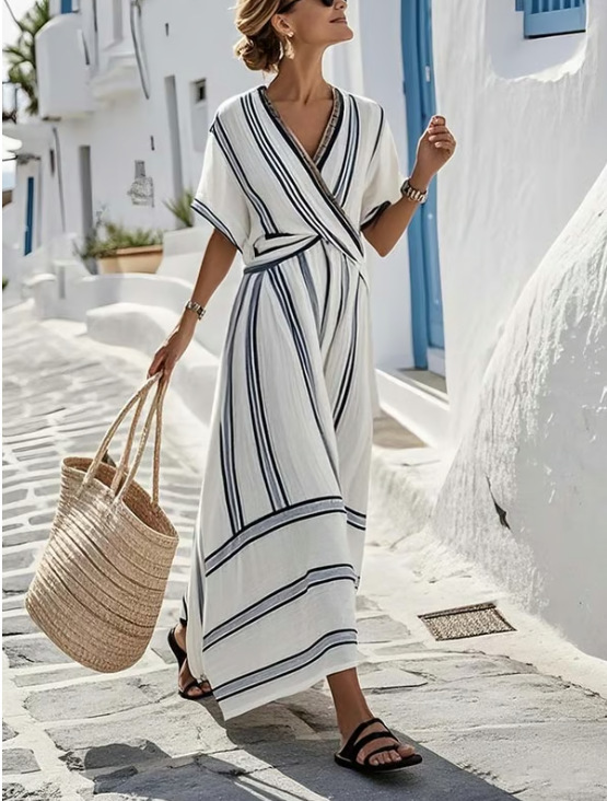 New European and American style summer vacation V-neck women's short-sleeved pleated maxi dress - Image 11