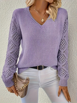 New European and American cross-border Xiyin long-sleeved top, solid color V-neck hollowed-out sweater - Image 18