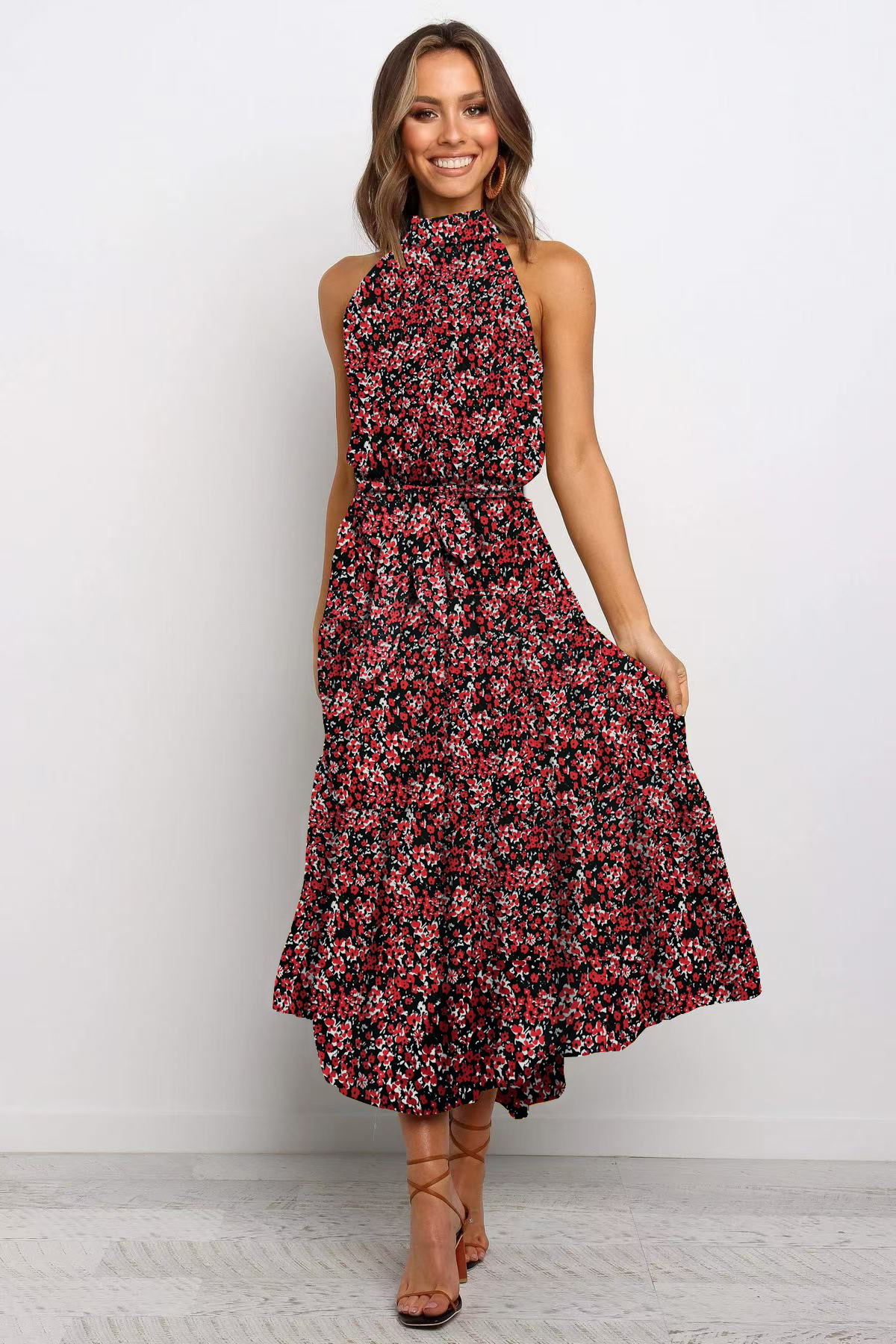 2025 European and American cross-border Amazon women's long skirt foreign trade hot-selling new halter neck polka dot print lace-up dress - Image 12