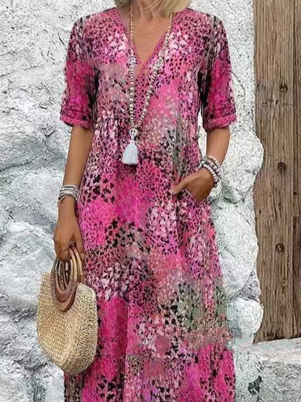 Amazon 2025 European and American new printed summer V-neck casual vacation pocket dress home clothes foreign trade women - Image 8