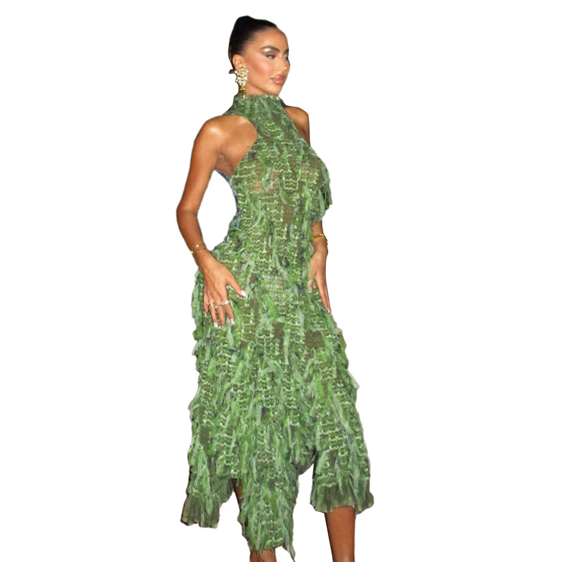 2024 New European and American Style Fashion High-Neck Sexy Hot Girl Hollow-Out Backless High Waist Tassel Patchwork Long Dress for Women - Image 6