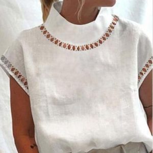 Amazon wish AliExpress 2022 new European and American women's pullover solid color lace slim stand collar shirt