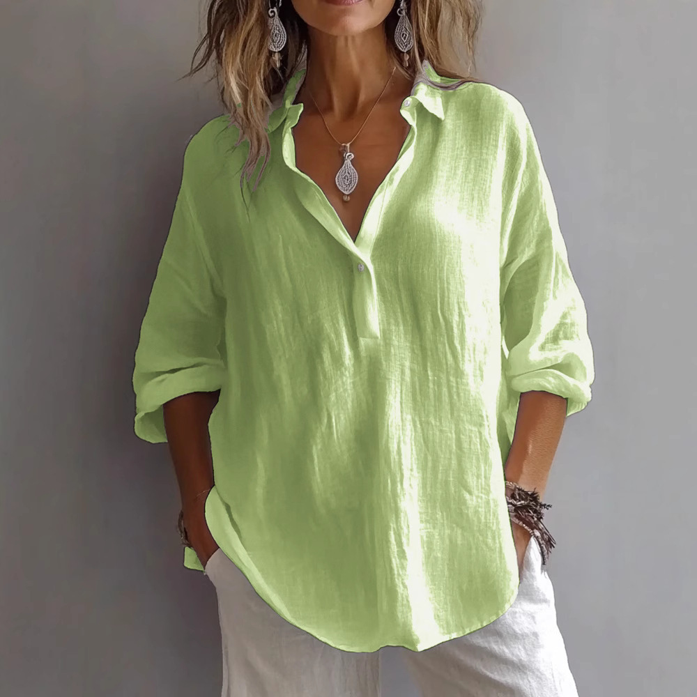 2025 Spring/Summer European and American Style Solid Color Casual Loose Long-Sleeved Linen V-Neck Shirt, Amazon Shirt for Women - Image 14