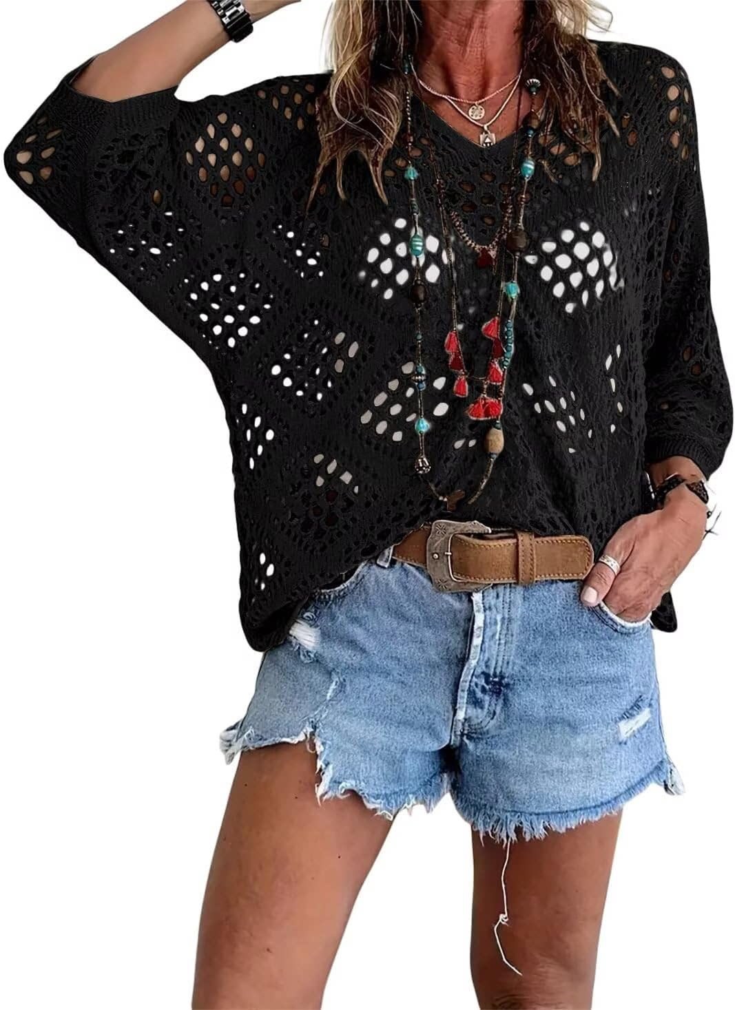 Cross-border e-commerce, Europe and America, Amazon Spring/Summer V-neck diamond-patterned openwork batwing sleeve women's sweater cover-up knitwear - Image 11