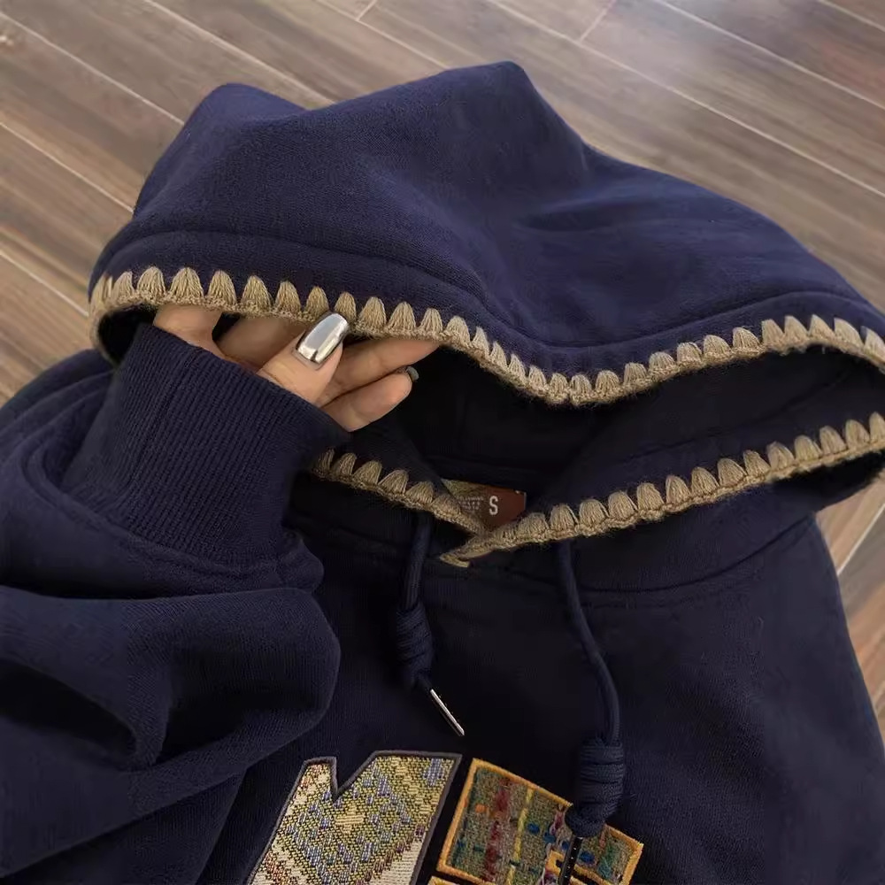 National trend embroidery American retro hooded sweatshirt for women autumn and winter slim loose lazy style plus velvet large size top - Image 3