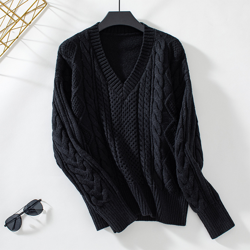Fur-trimmed V-neck pullover European and American style women's knit sweater, 2024 autumn/winter new retro cable knit cross-border women's clothing sweater - Image 5