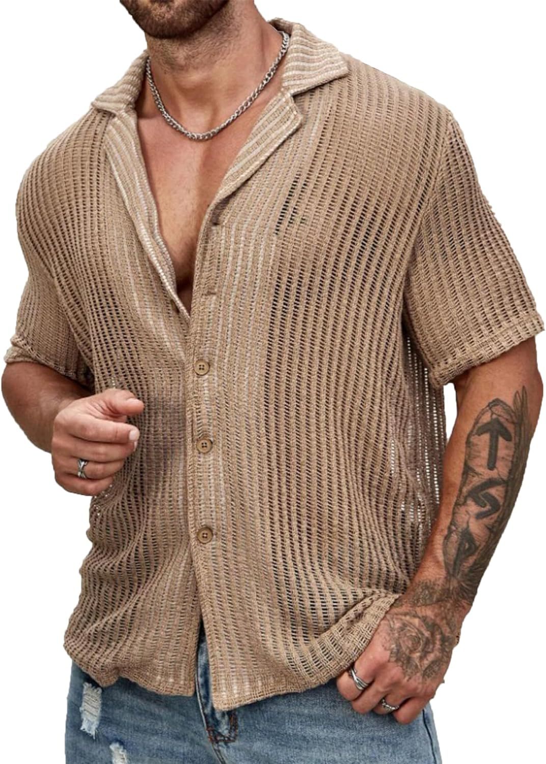 European and American men's casual shirts summer fashion cool breathable men's cardigan solid color short-sleeved tops knitted men's shirts - Image 10