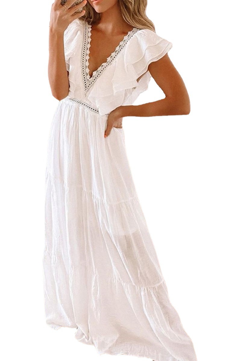 2021 European and American spring and summer new short-sleeved dress for women Amazon foreign trade white lace V-neck long dress - Image 4
