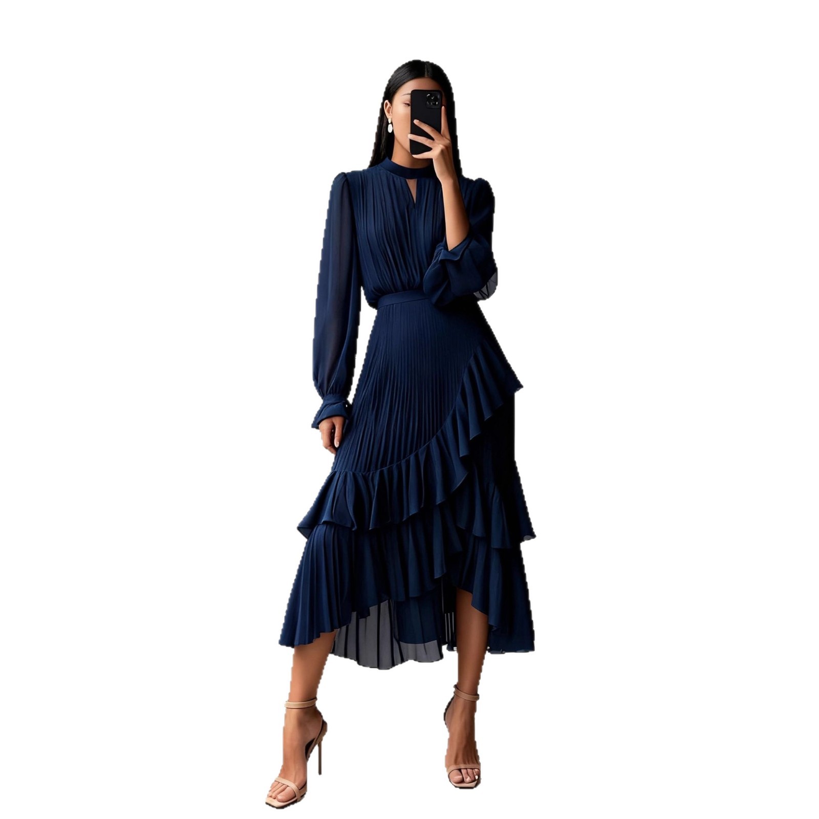 2025 European and American cross-border new solid color dress, Middle Eastern foreign trade ruffled pleated dress, midi skirt, Amazon. - Image 5