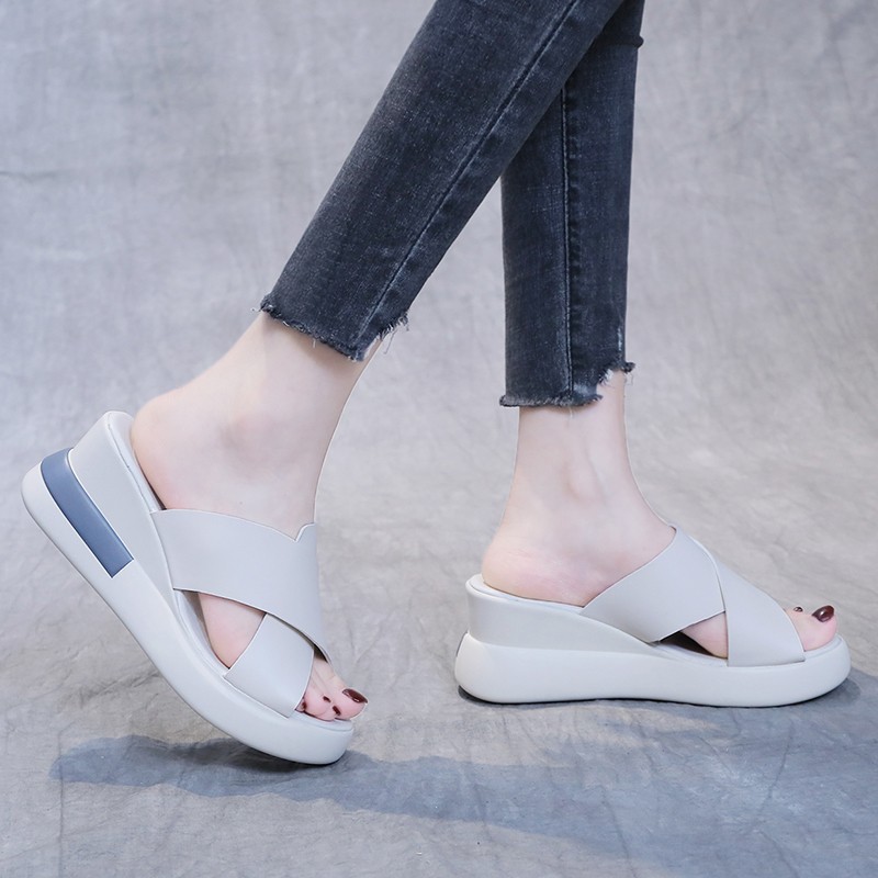 Thick-soled wedge sandals women's 2021 new summer high-heeled fish mouth women's shoes soft leather increased platform shoes - Image 5