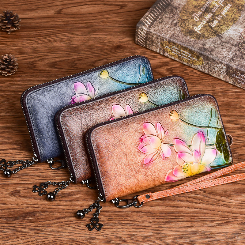 Wallet women Chinese style long small hand bag first layer cowhide zipper mobile phone bag embossed retro color coin purse