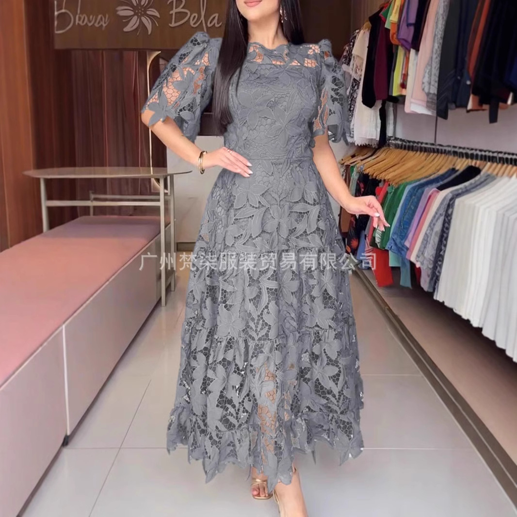 European and American cross-border e-commerce, 2025 summer Amazon independent store, elegant and fashionable heavy-duty hollowed-out lace solid color dress. - Image 3