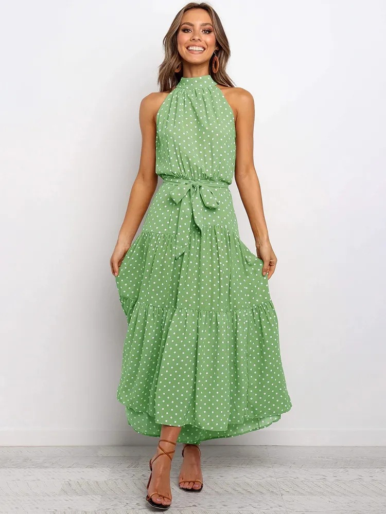 2025 European and American cross-border Amazon women's long skirt foreign trade hot-selling new halter neck polka dot print lace-up dress - Image 14