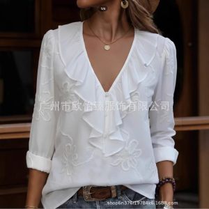 Women's Ruffled V-Neck Embroidered Floral Shirt