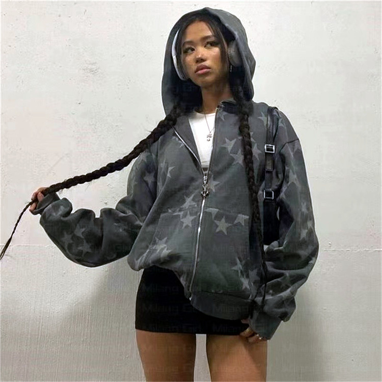 Amazon autumn and winter European and American couple models star print casual fashion cardigan hooded women's sweater jacket - Image 4