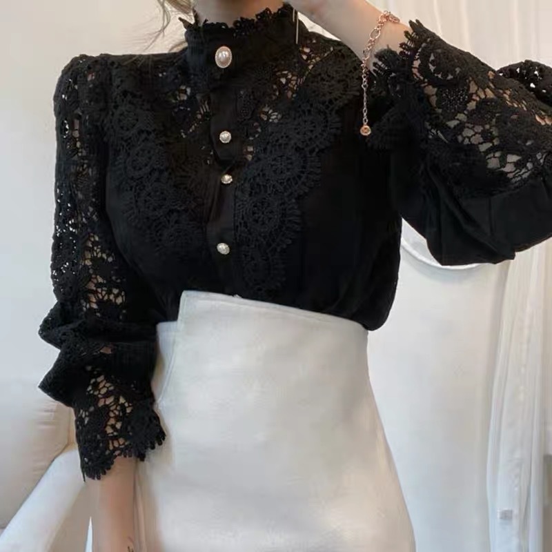 French Loose Chic Button Heavy Industry Lace Hollow Flower Stitching Long Sleeve Stand Collar Shirt - Image 8