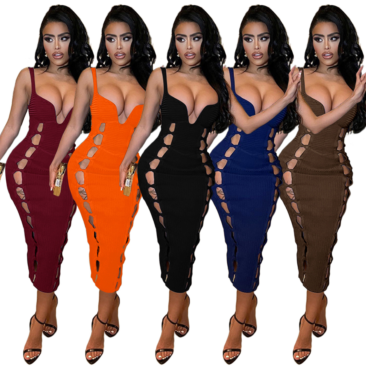 Q22S8068 European and American women's clothing Amazon 22 spring new solid color thread hollow out nightclub sexy dress - Image 8