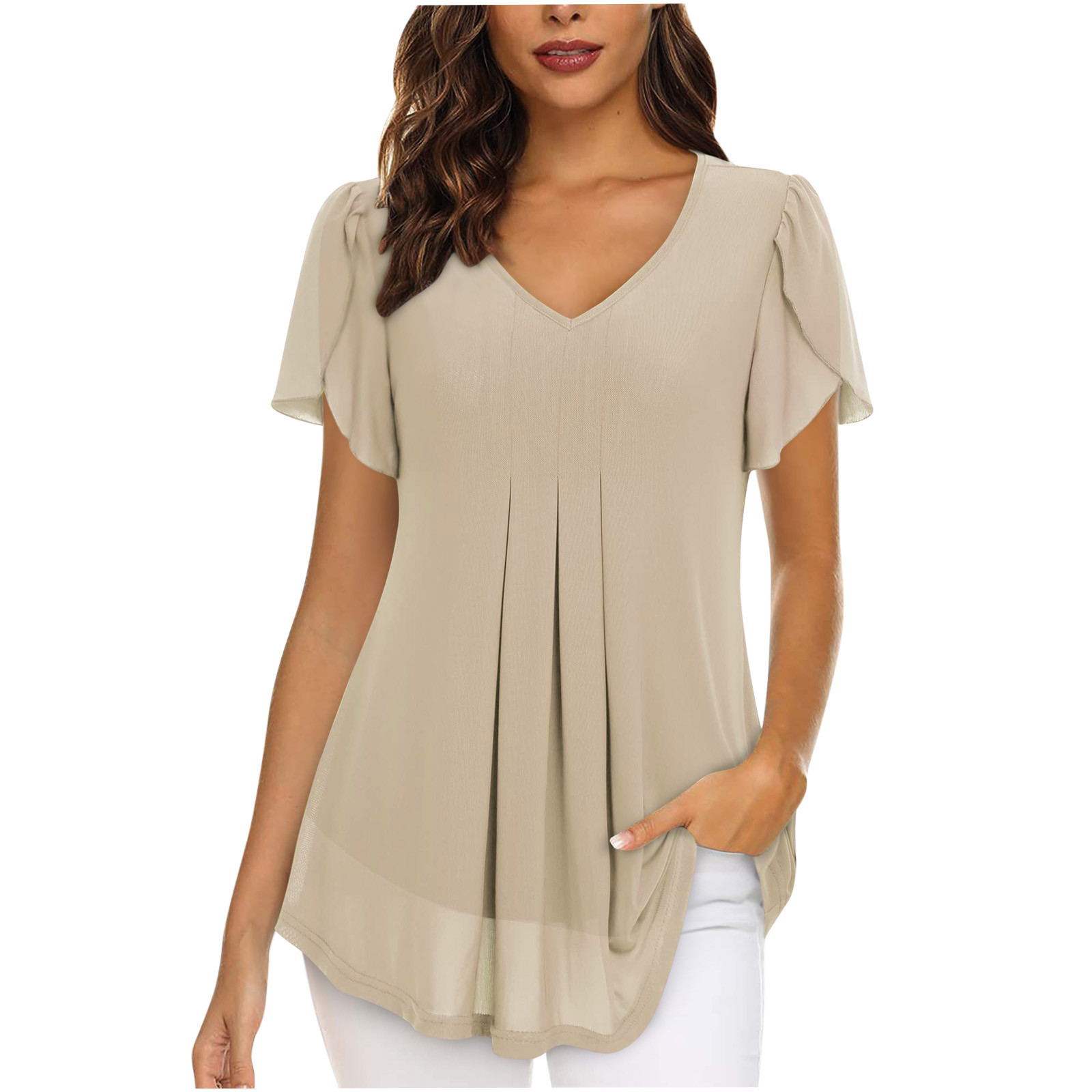 2023 European and American style women's chiffon blouse with petal-shaped short sleeves, waist-cinching top, summer casual T-shirt with pleats - Image 17