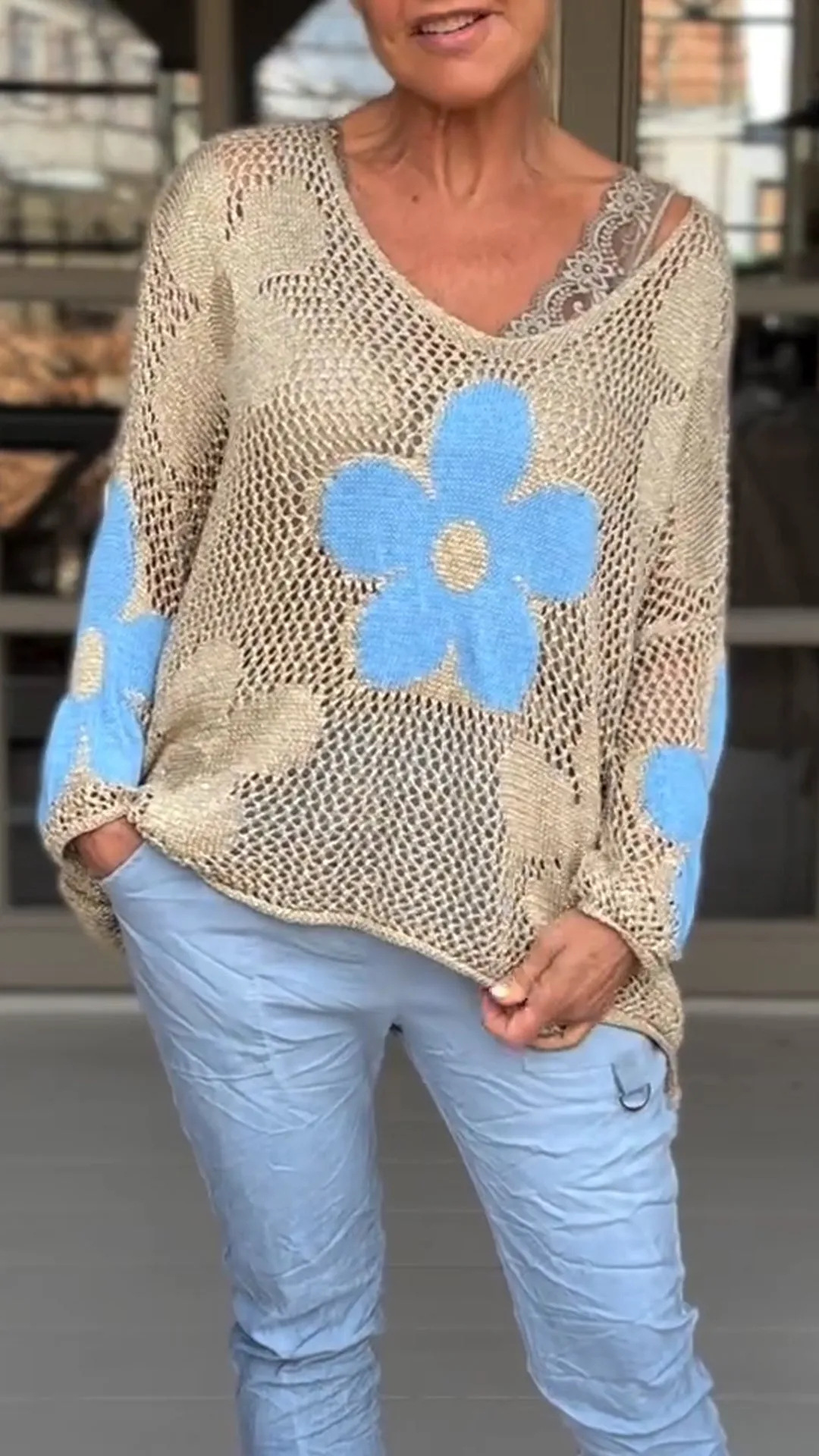 Spot 2024 Spring and Summer New Floral Knitted Hollow V-neck Shirt Flower Grid Knitted Sweater - Image 6