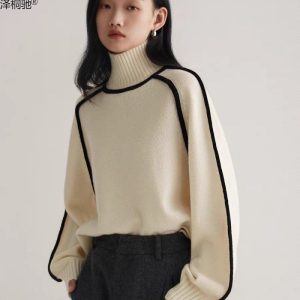 2023 autumn and winter half-high collar three-dimensional striped slim casual loose pullover knitted sweater lazy style sweater