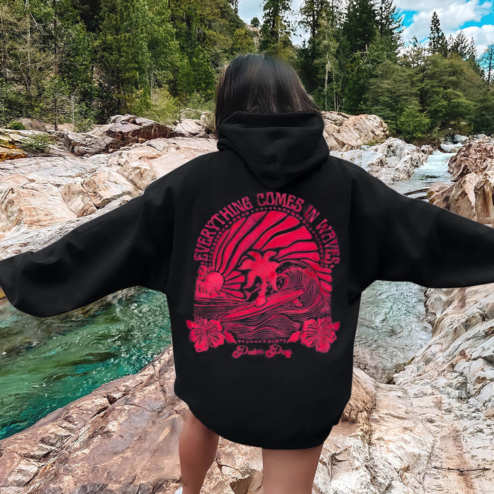 2024 New European Size Women's Drop Shoulder Sleeve Thread Chasing Sunsets Brand Sweatshirt Hoodie Print - Image 4