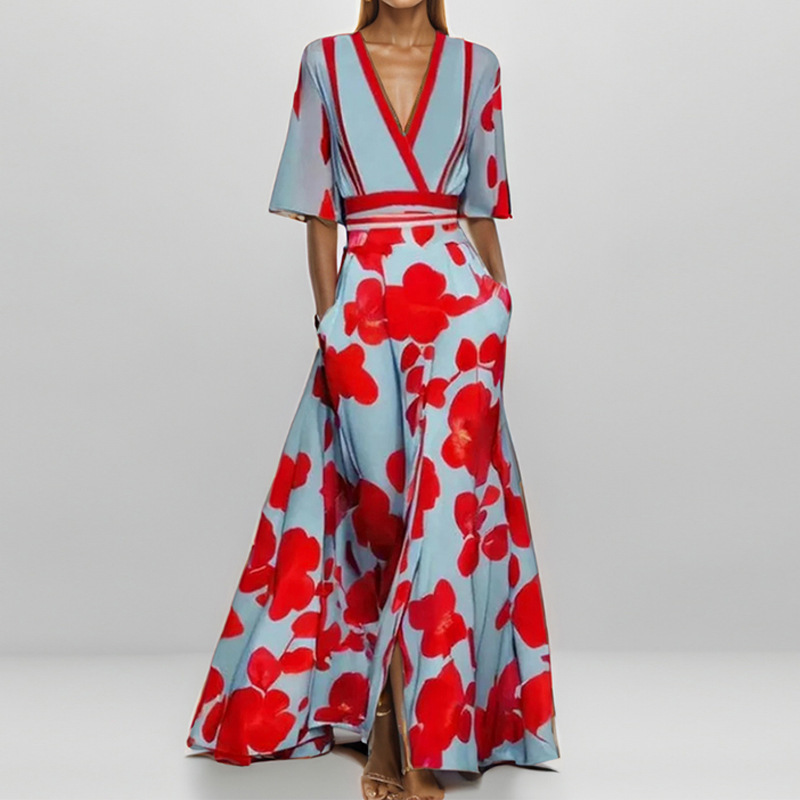 European and American style 2025 new women's fashion, elegant V-neck short-sleeved printed waist-cinching long dress - Image 3
