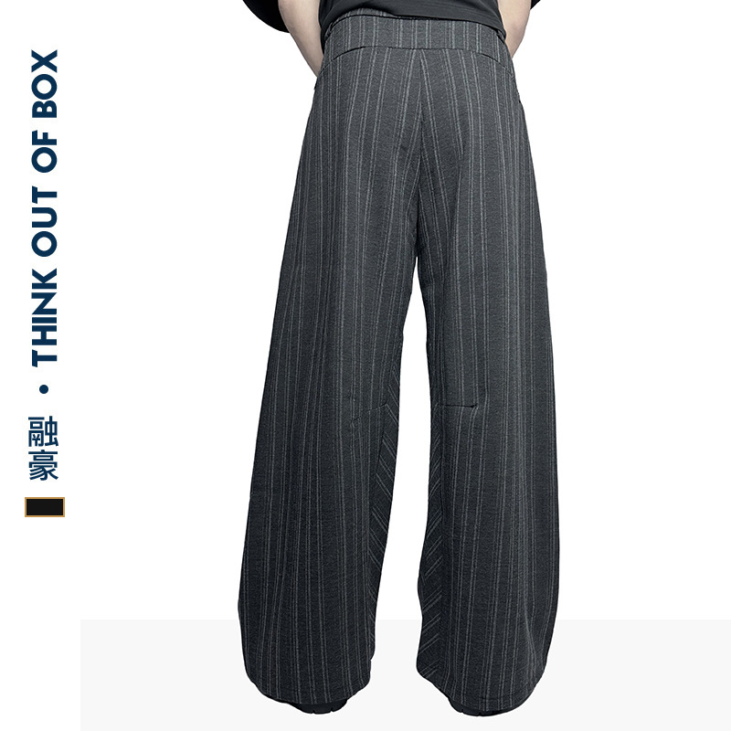 American retro gray striped distressed black casual wide-leg trousers, trendy and versatile for couples, with a flowing drape. - Image 4