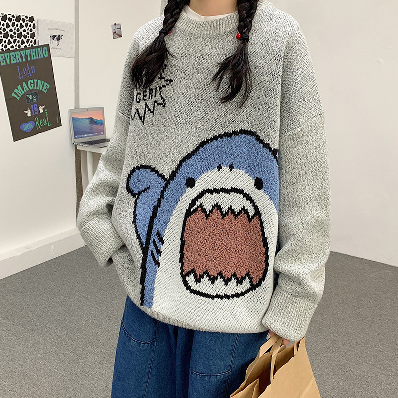 Autumn and winter shark cartoon round neck sweater men's casual loose Korean style trendy warm student thickened sweater - Image 4