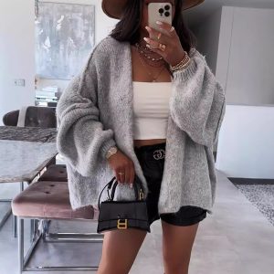 2025 Autumn/Winter New European and American Cross-border Casual Loose Solid Color Mid-length Knitted Cardigan Coat for Women