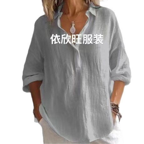 2025 Spring/Summer European and American Style Solid Color Casual Loose Long-Sleeved Linen V-Neck Shirt, Amazon Shirt for Women - Image 16