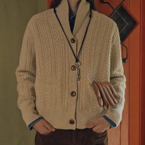 [Understanding Life] Swayway Autumn/Winter Retro Milk Tea Color Cable Knit Cardigan with Shawl Collar, Relaxed Style