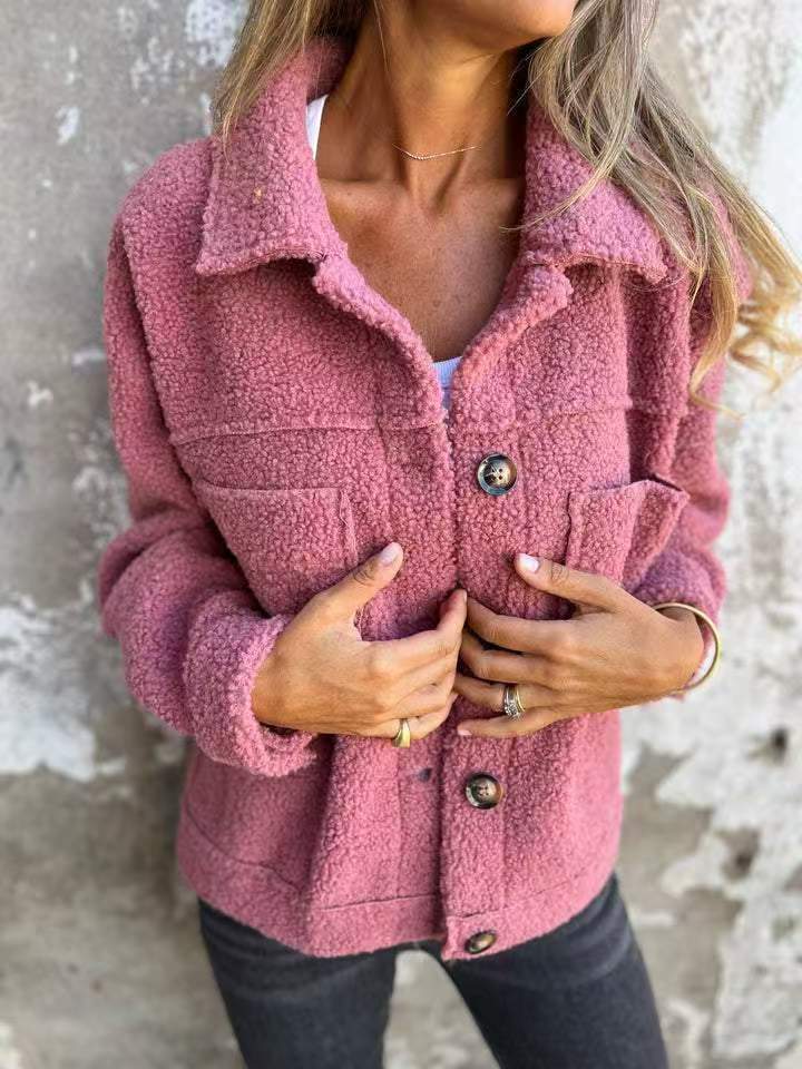 2024 European and American cross-border autumn and winter new lambskin patch pocket single row casual cardigan jacket for women ~ Independent station fast sale - Image 9