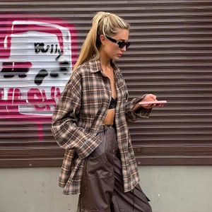 2024 European Station Cross-border Spring Retro Plaid Shirt Women's Long Design Base Plaid Shirt Loose Fit