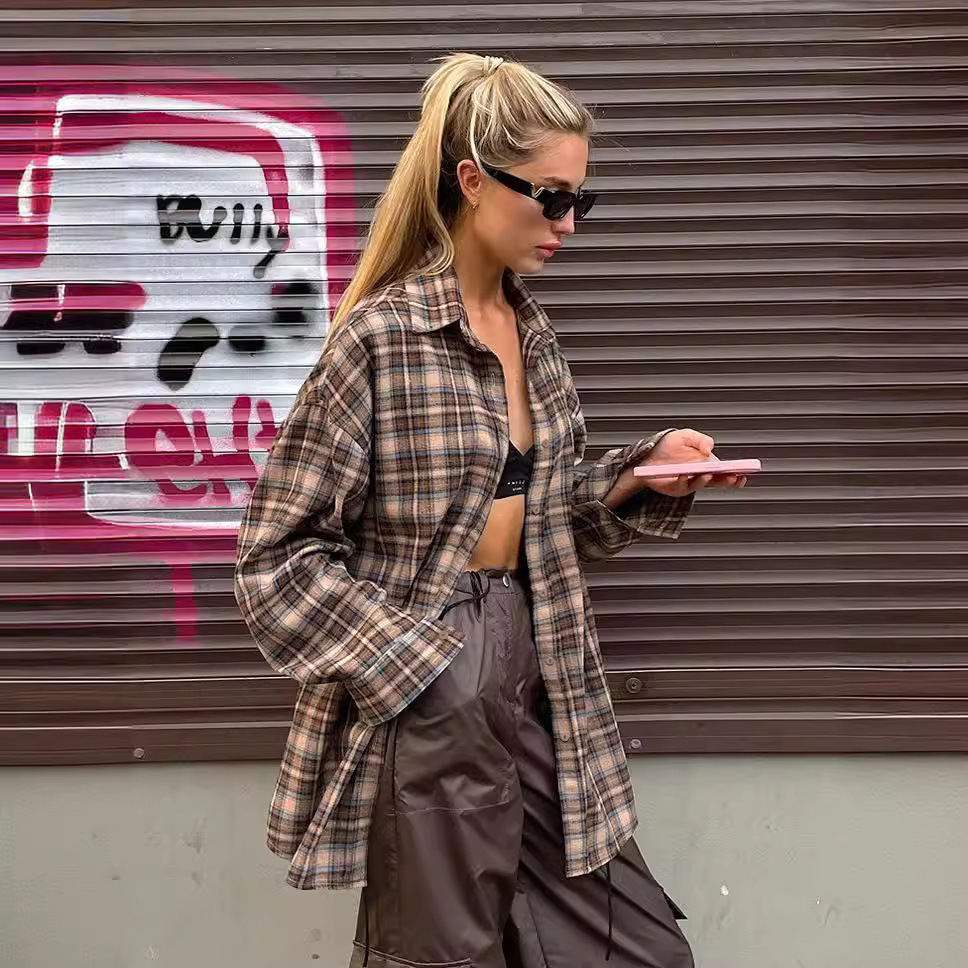 2024 European Station Cross-border Spring Retro Plaid Shirt Women's Long Design Base Plaid Shirt Loose Fit