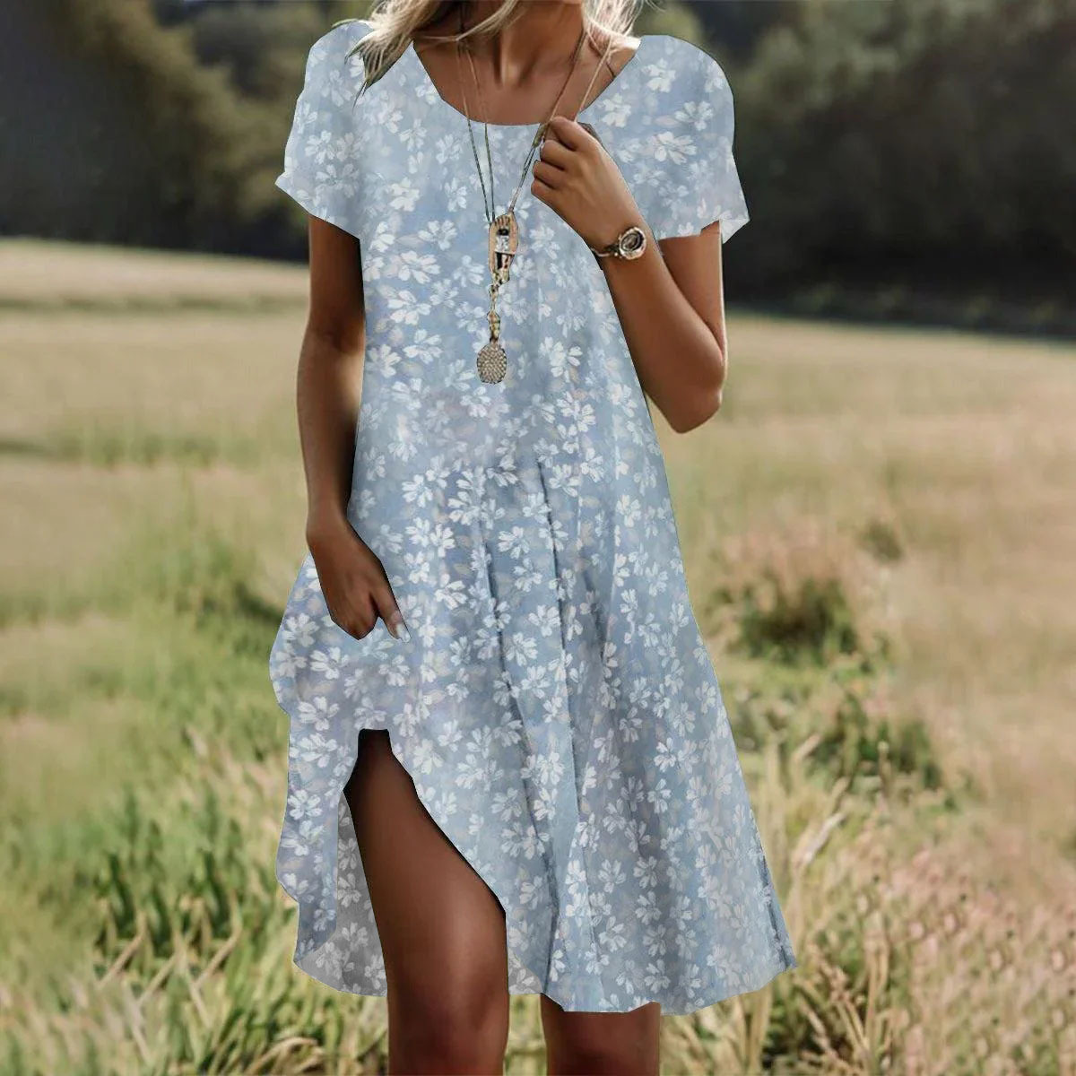 Cross-border Amazon AliExpress independent website summer hot-selling literary and ethnic style large round neck mid-length dress - Image 17
