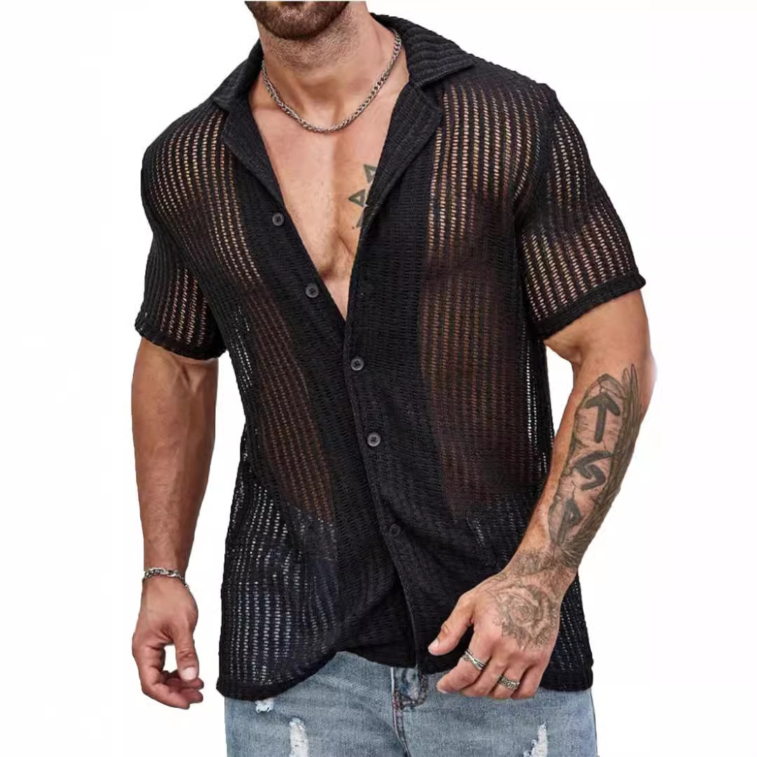 European and American men's casual shirts summer fashion cool breathable men's cardigan solid color short-sleeved tops knitted men's shirts - Image 4