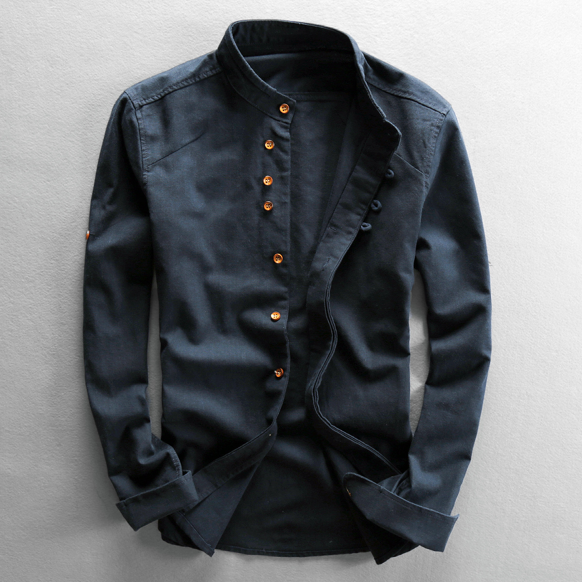 2024 autumn and winter new men's casual linen shirt Chinese style stand-up collar independent station wish cotton and linen shirt - Image 2