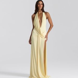 Wish Cross-Border New Women's Clothing Solid Color Sleeveless Deep V-Neck Slit Fashion High-End Party Sexy Long Dress