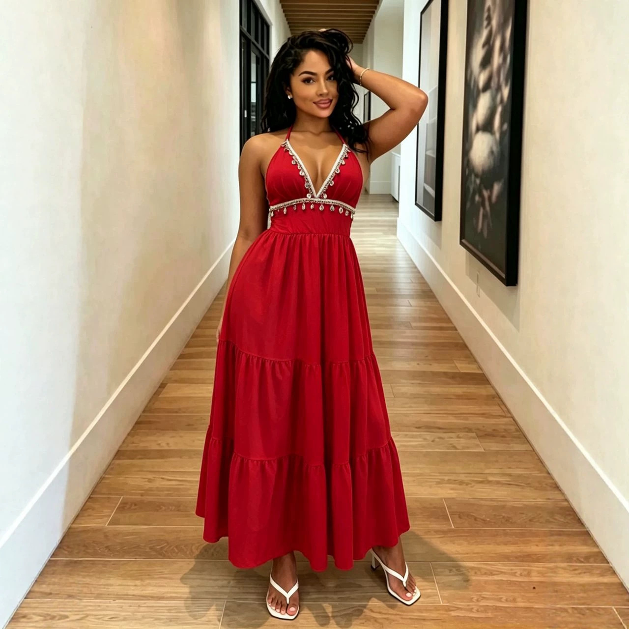 European and American style new cross-border resort-style V-neck halter neck tie dress with shell tassels, solid color fashionable long dress - Image 3